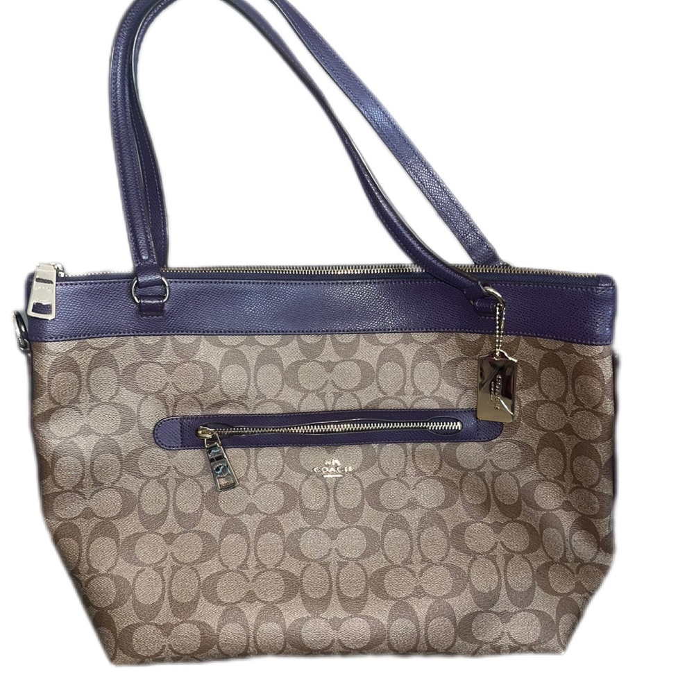 Vintage Coach Tan and Purple Signature Tote with gold accents